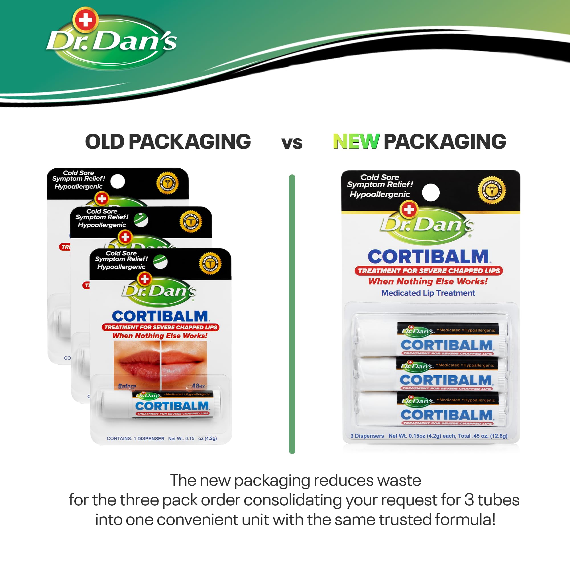 Close-up of Dr. Dan's Cortibalm tube showing a smooth, protective lip balm texture.