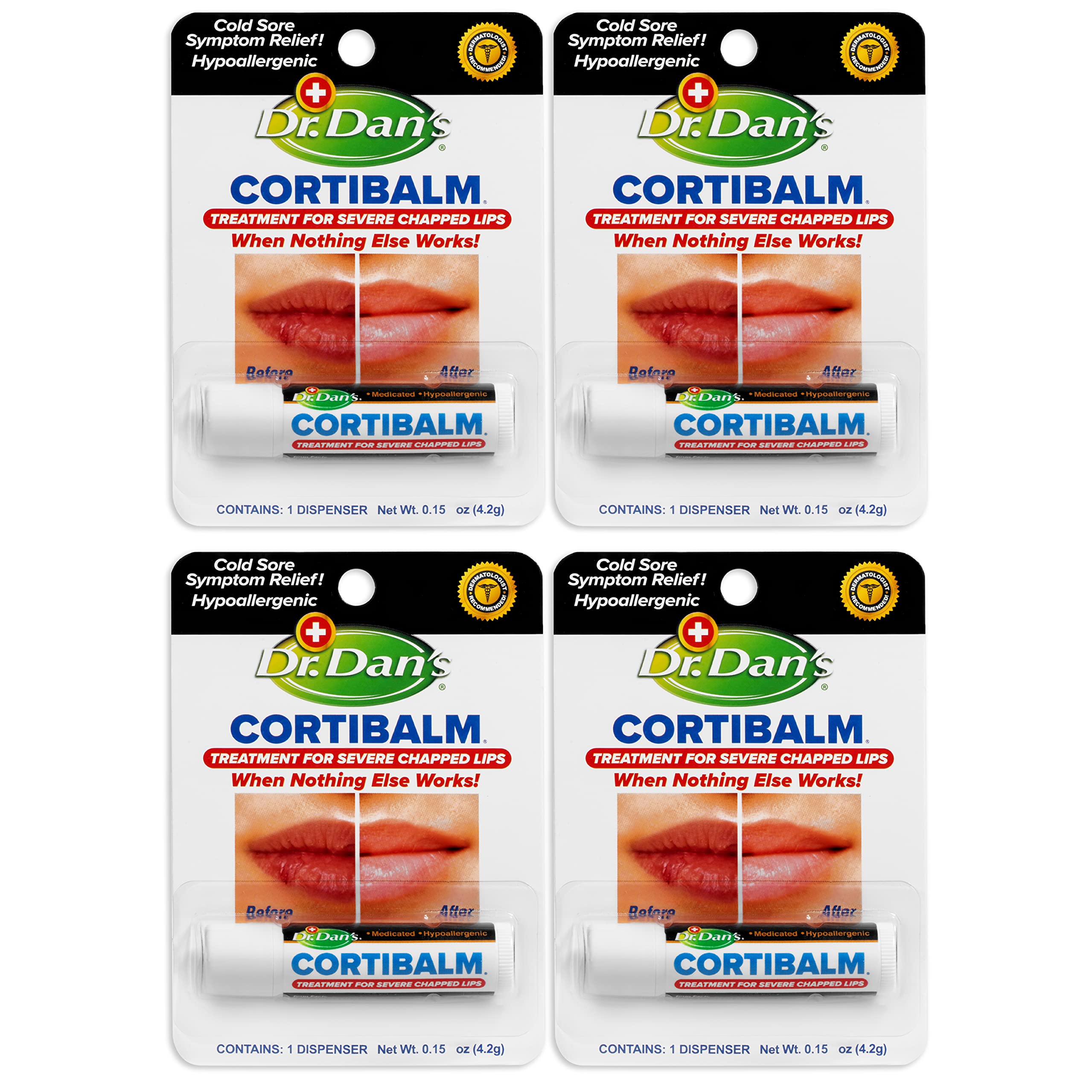 Dr. Dan's Cortibalm 4-pack tubes for quick lip care and protection.