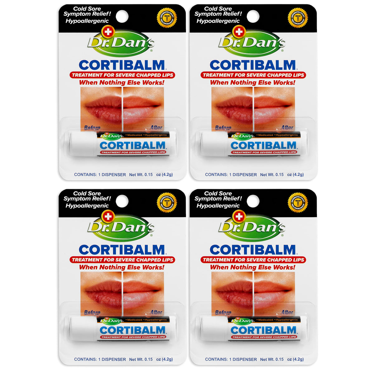 Dr. Dan's Cortibalm 4-pack tubes for quick lip care and protection.