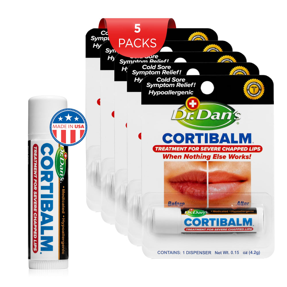 Packaging detail of Cortibalm 5-pack emphasizes simple, gentle lip care.