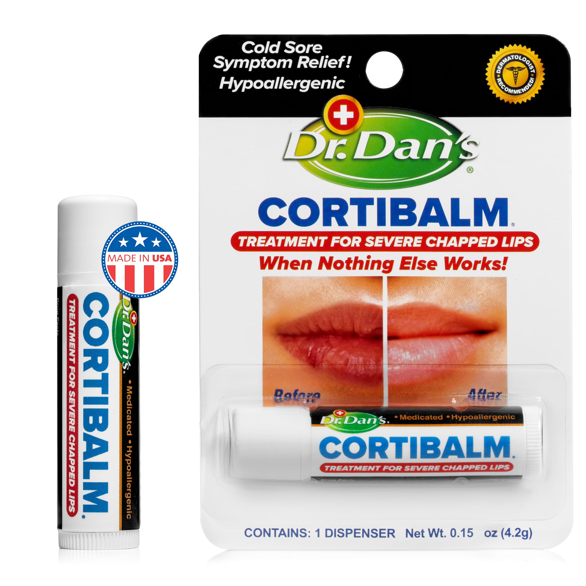 Dr. Dan's Cortibalm branding and tube on a clean surface.