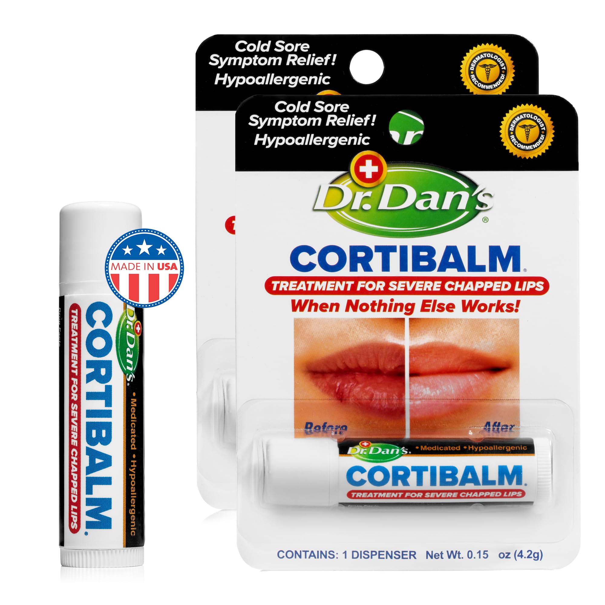 Dr. Dan's Cortibalm uses a simple, hypoallergenic formula for sensitive lips.