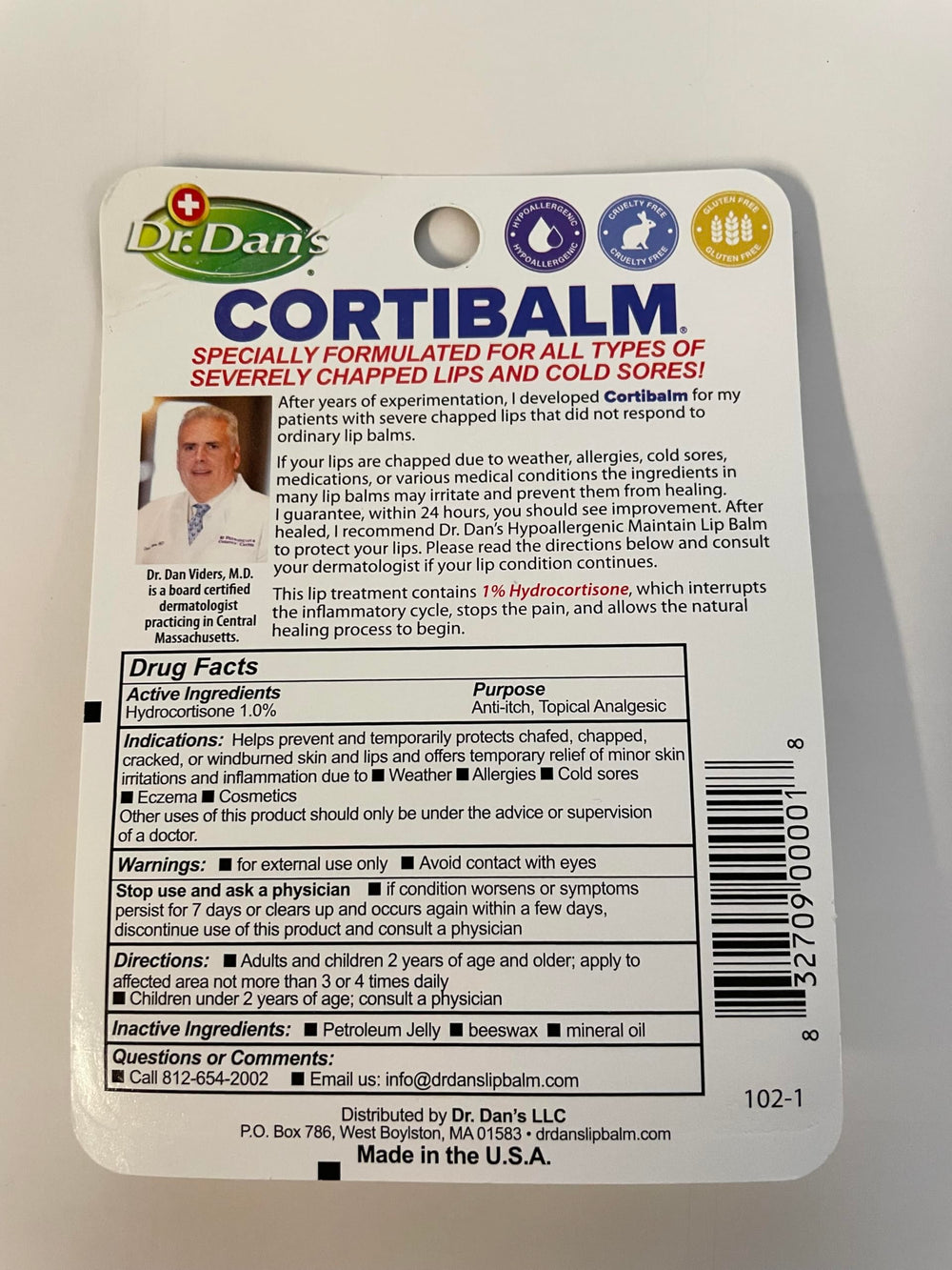 Dr. Dan's Cortibalm tube close-up highlights 1% hydrocortisone for relief.