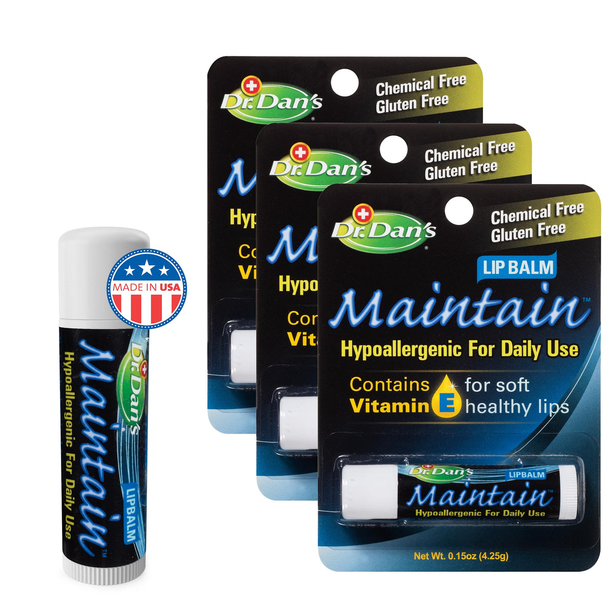 Dr. Dan's Maintain Lip Balm 3-pack front view for everyday lip care