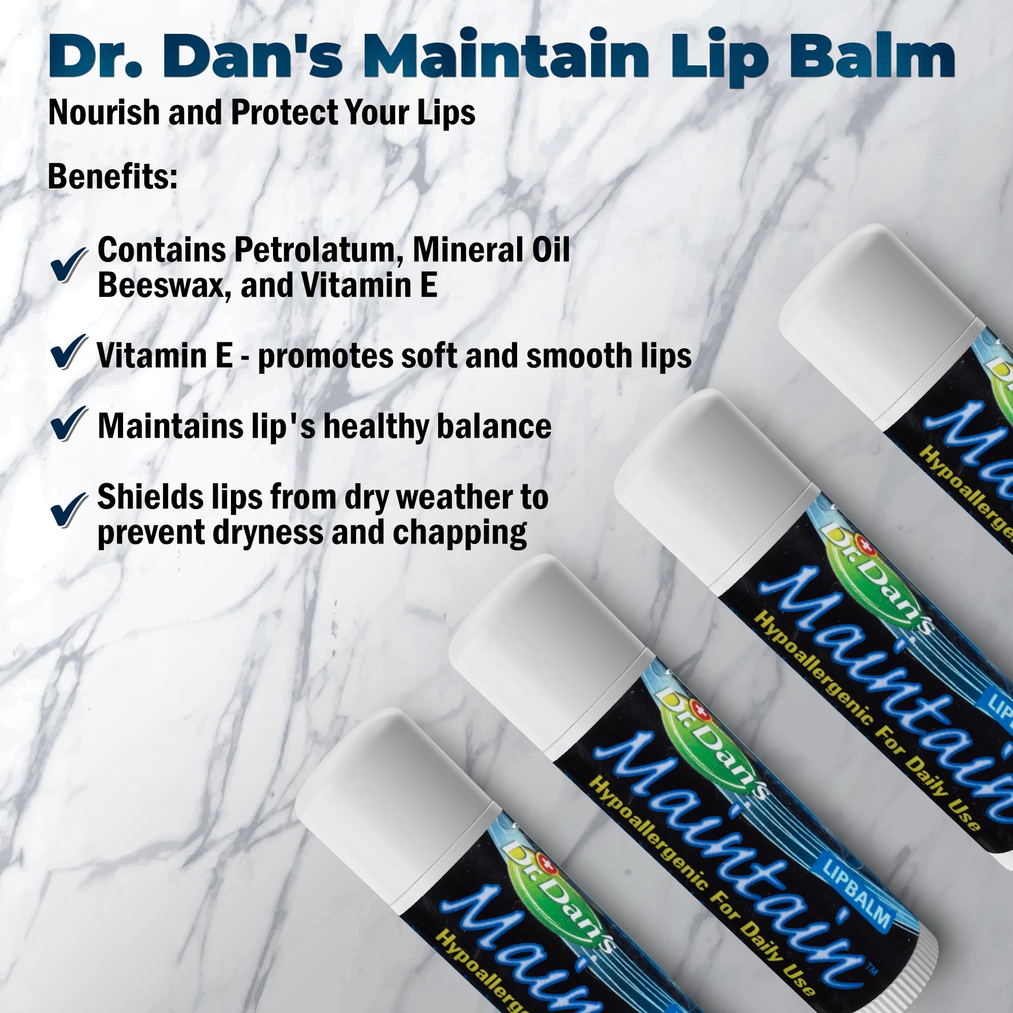Dr. Dan's Maintain Lip Balm side view highlighting minimal ingredients