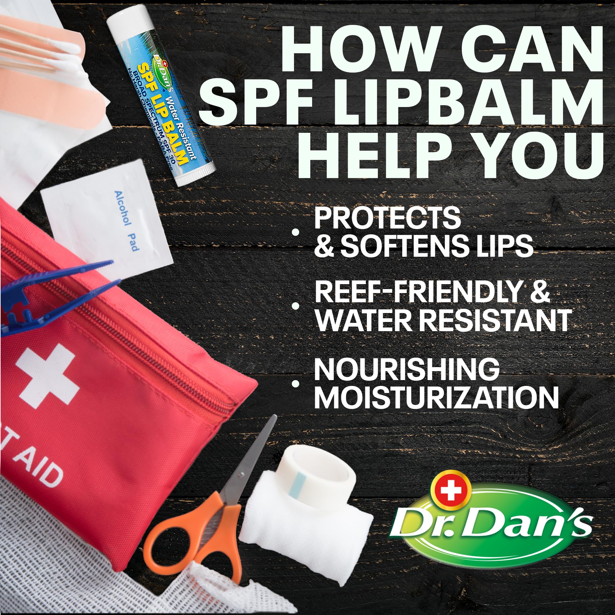 Dr. Dan's SPF 30 lip balm application on lips for smoother skin