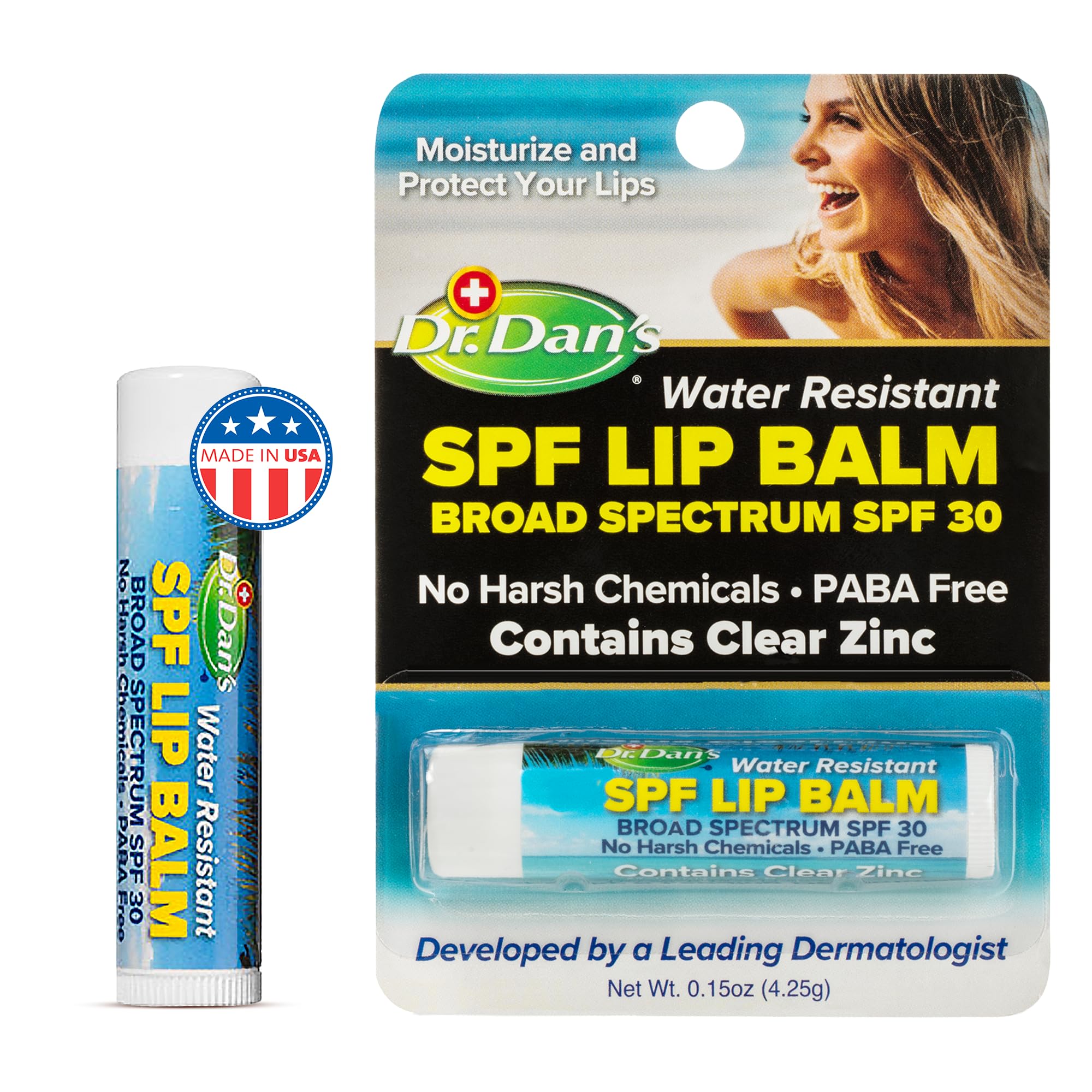 Dr. Dan's SPF 30 lip balm bottle front promotes moisturized lips