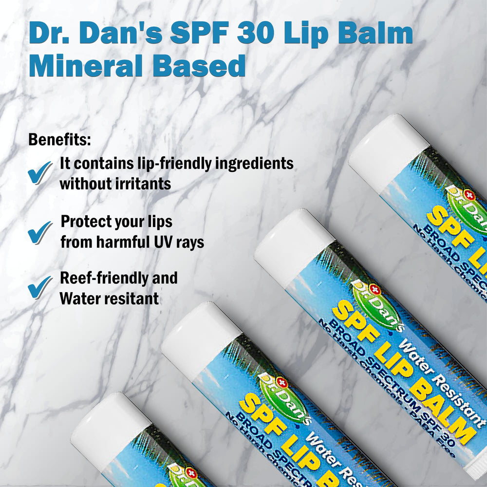 Dr. Dan's Mineral SPF 30 lip balm ingredients close-up show Vitamin E