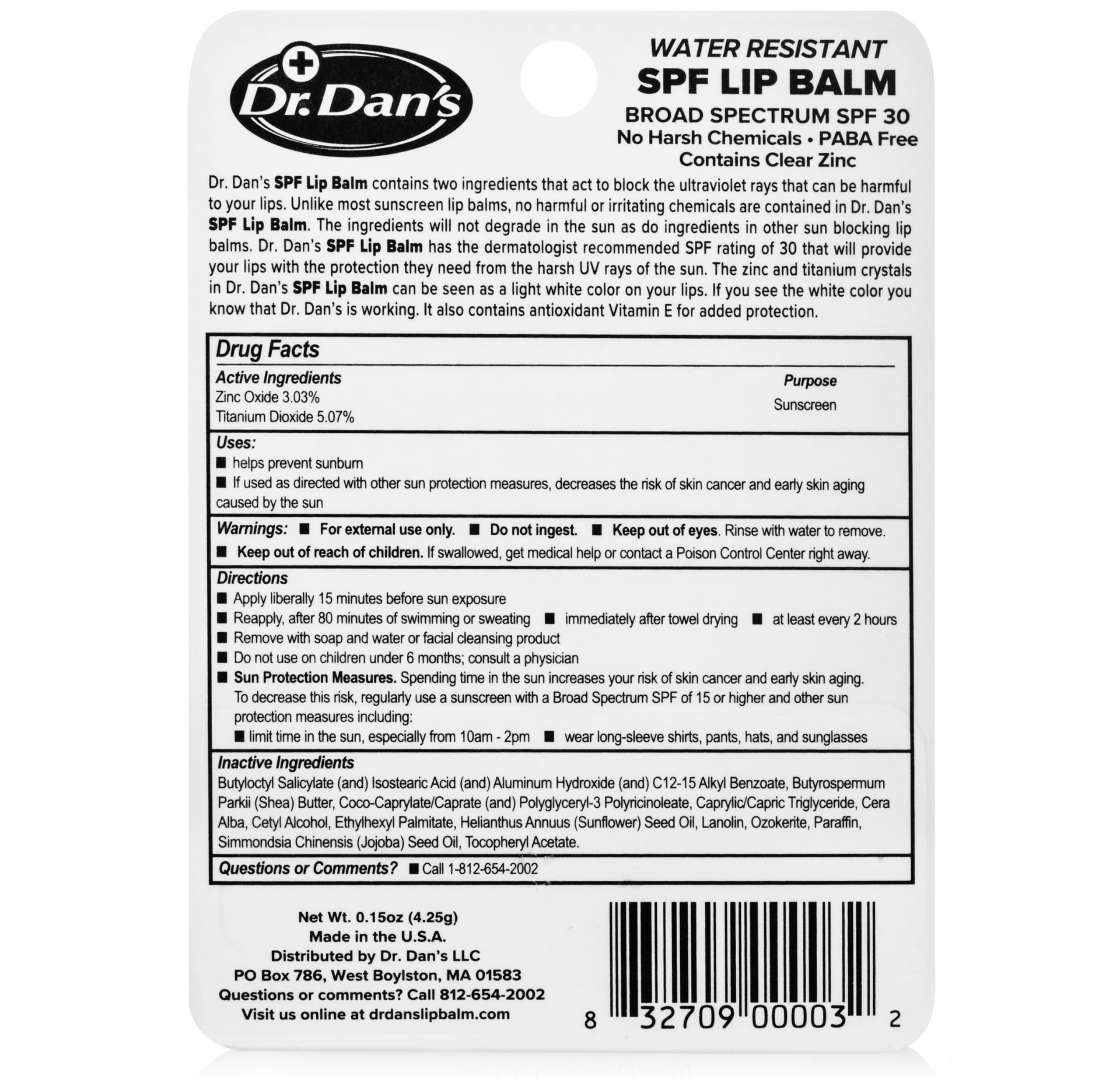 Dr. Dan's SPF 30 lip balm outer-pack visible, signaling mineral-based protection