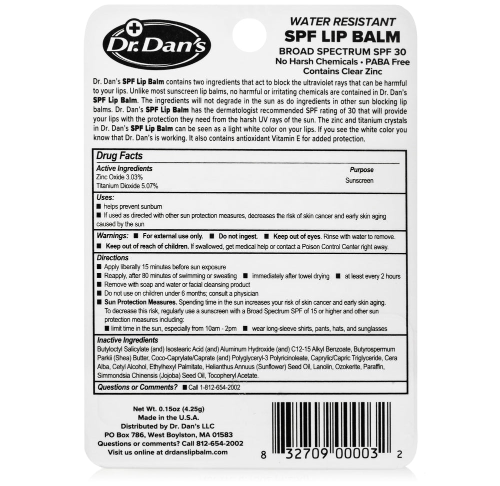 Dr. Dan's SPF 30 lip balm outer-pack visible, signaling mineral-based protection
