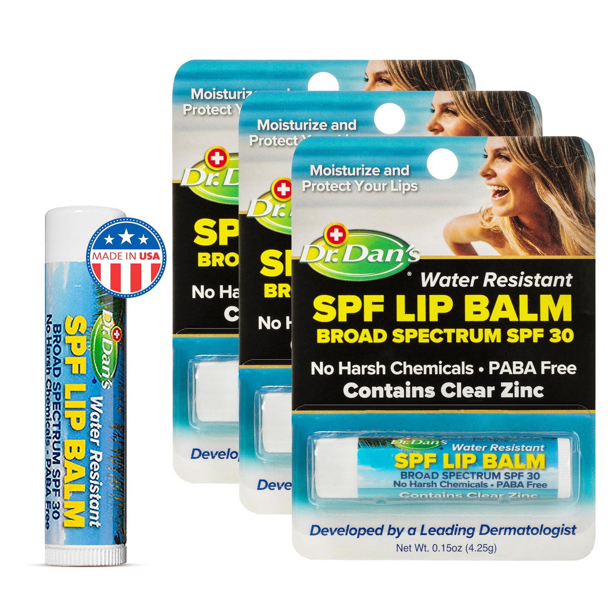Dr. Dan's SPF 30 Lip Balm front view for portable sun protection.