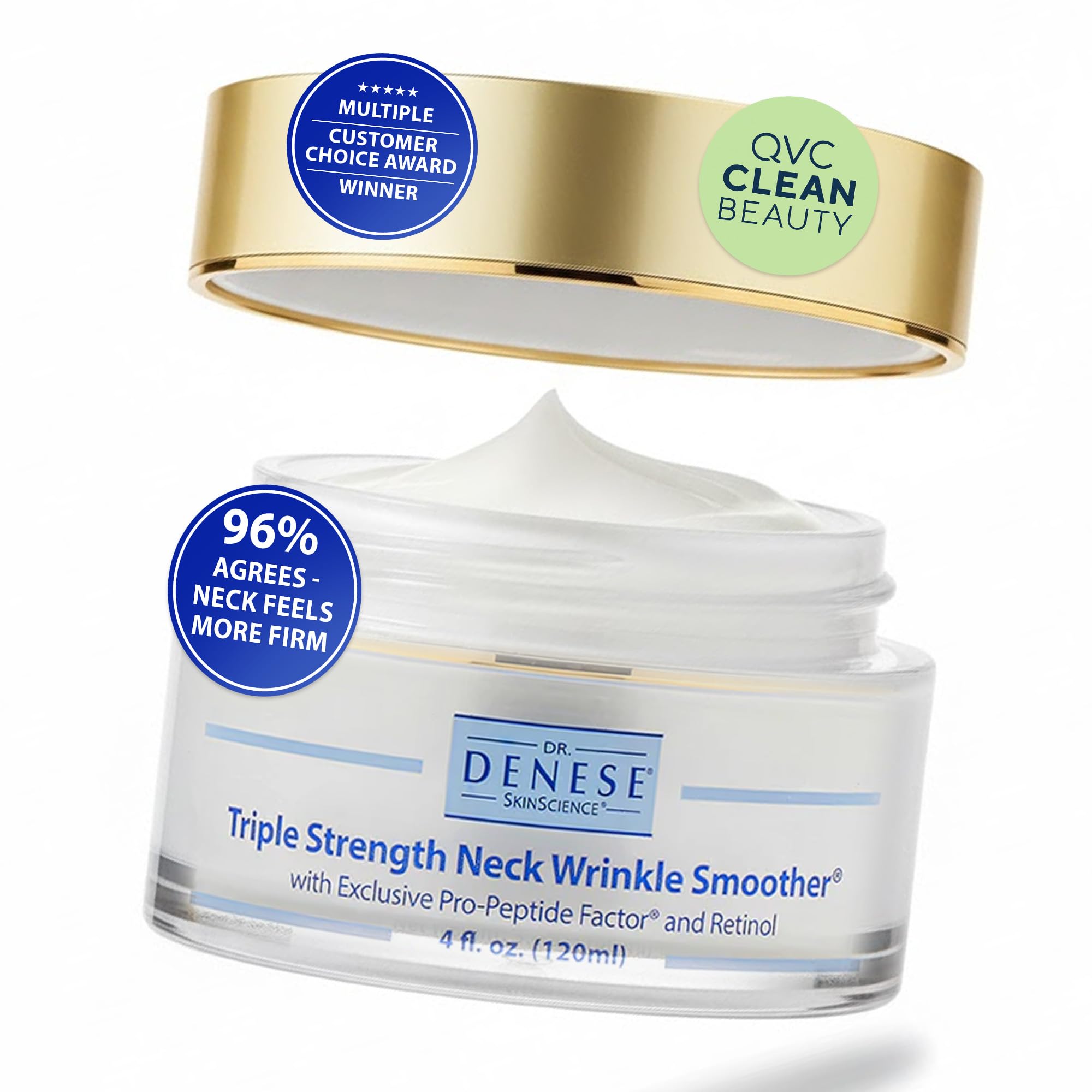Dr. Denese triple-strength neck smoother bottle close-up showing premium packaging for firming skin