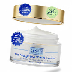 Dr. Denese triple-strength neck smoother bottle close-up showing premium packaging for firming skin