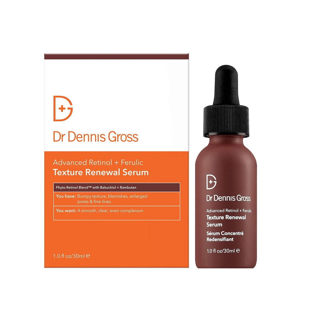 Dr Dennis Gross Advanced Retinol + Ferulic Texture Renewal Serum bottle for refreshed, smooth skin.