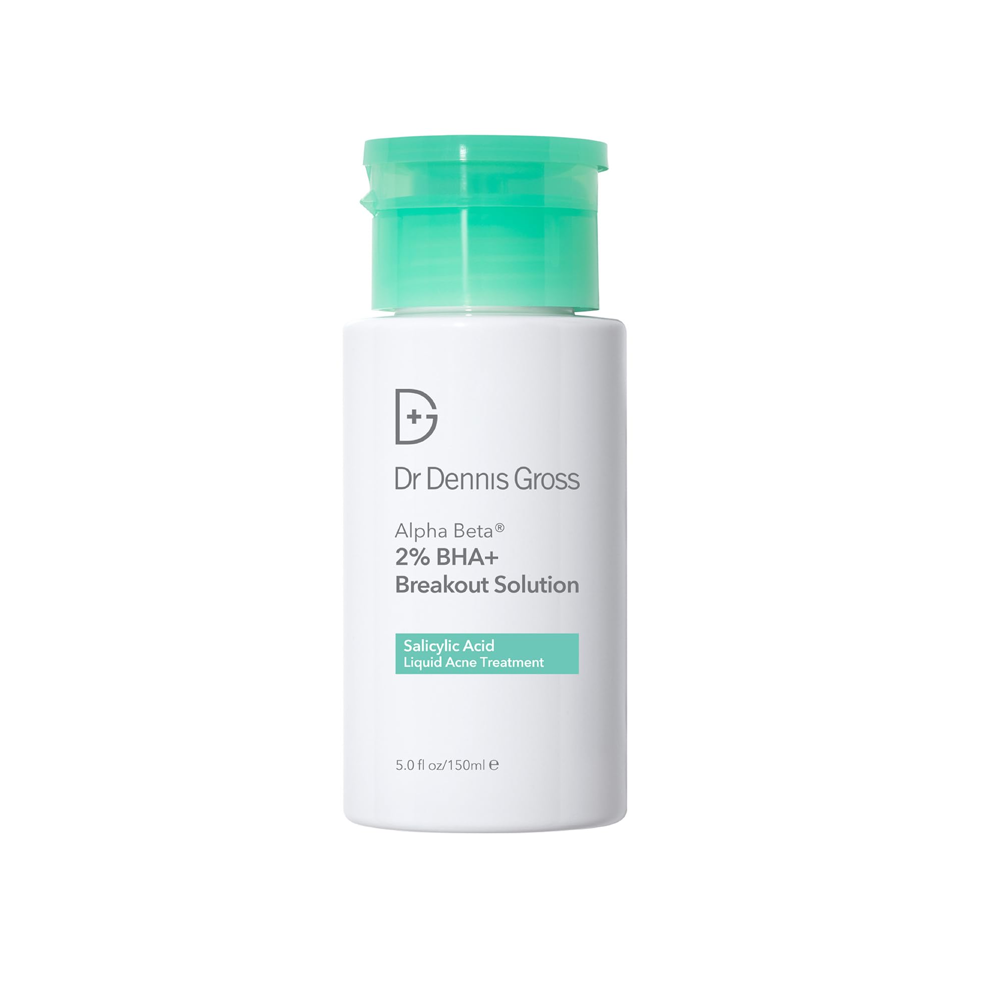 Dr Dennis Gross Alpha Beta 2% BHA+ bottle pour shows precise application for breakout-prone areas.