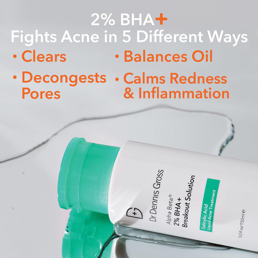 Dr Dennis Gross Alpha Beta 2% BHA+ label closeup highlights actives and daily-use benefits.