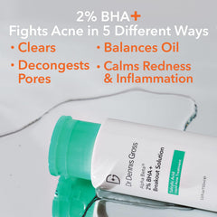 Dr Dennis Gross Alpha Beta 2% BHA+ label closeup highlights actives and daily-use benefits.