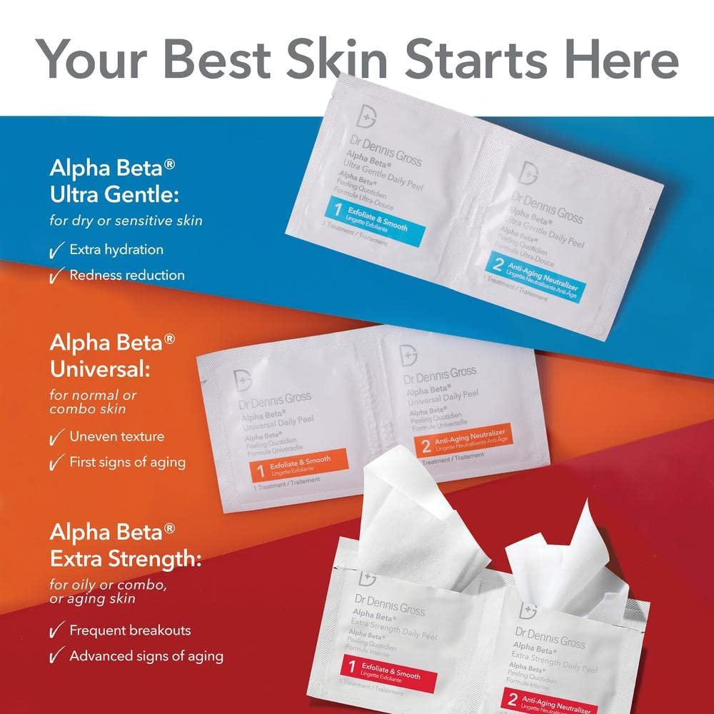 Dr Dennis Gross Alpha Beta Ultra Gentle Daily Peel packaging close-up highlighting safety and quality.