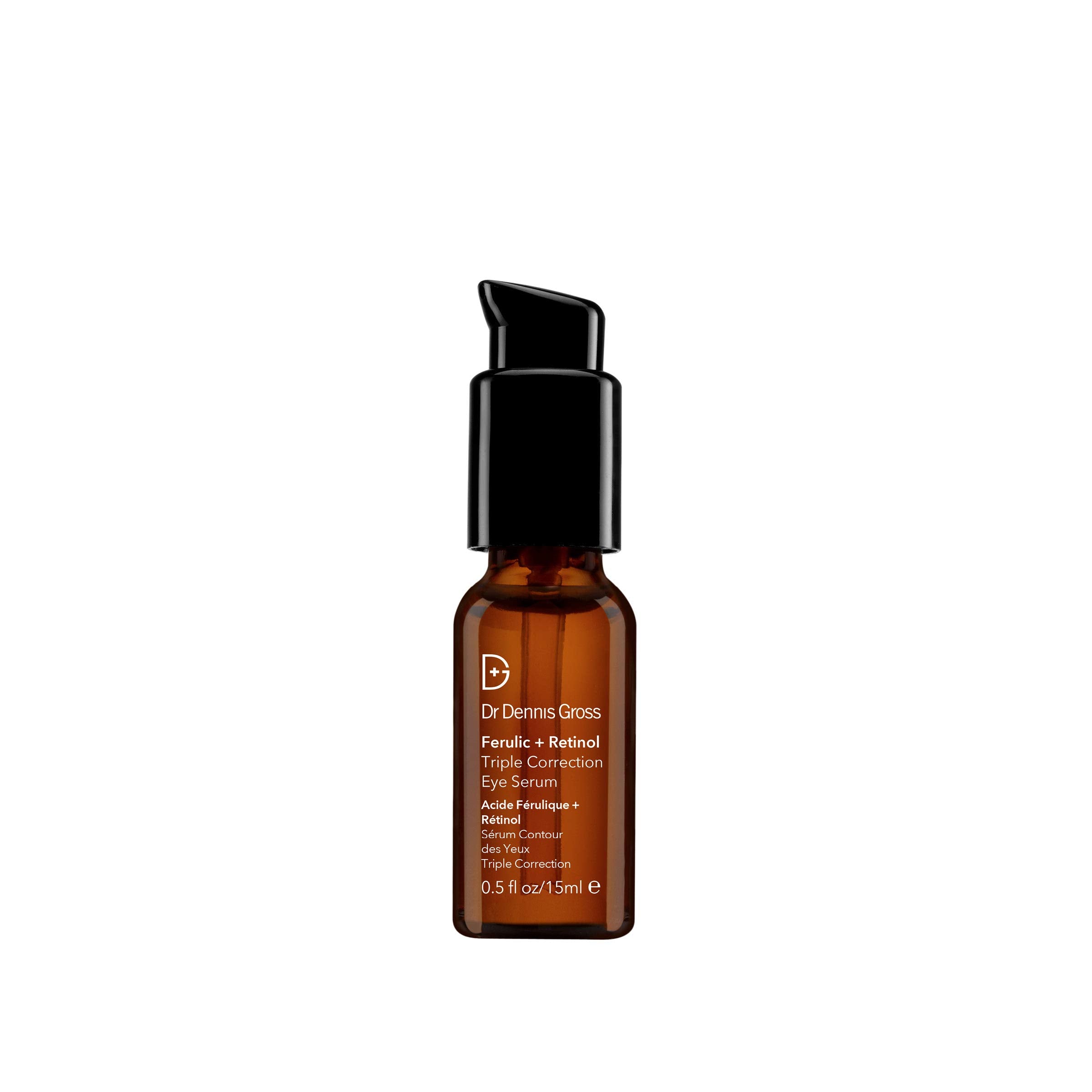 Dr Dennis Gross Ferulic + Retinol Eye Serum bottle closeup for firmer-looking eye area.