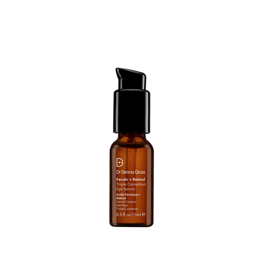 Dr Dennis Gross Ferulic + Retinol Eye Serum bottle closeup for firmer-looking eye area.