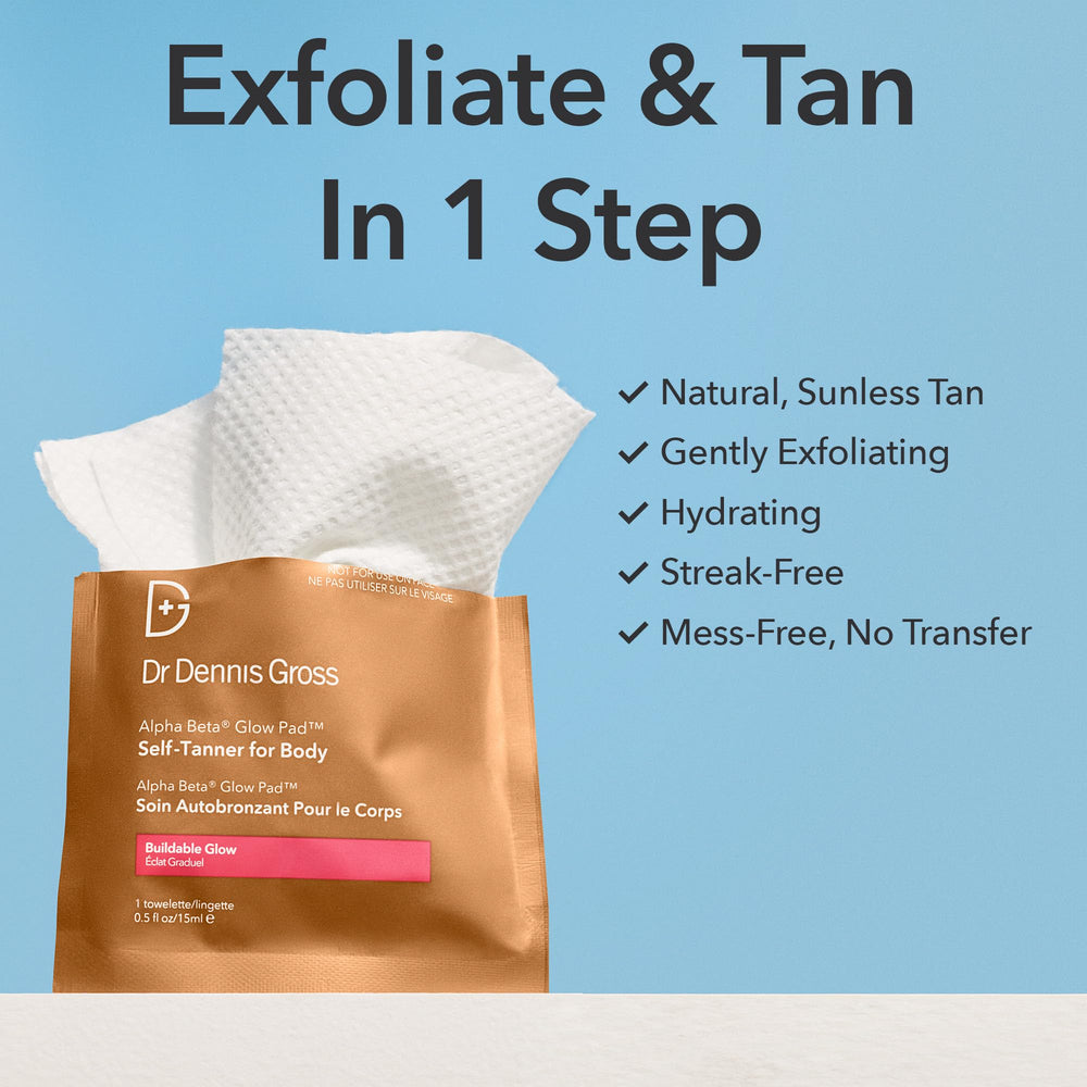Dr Dennis Gross Glow Pad Body hydration cue highlights vitamin E protection.