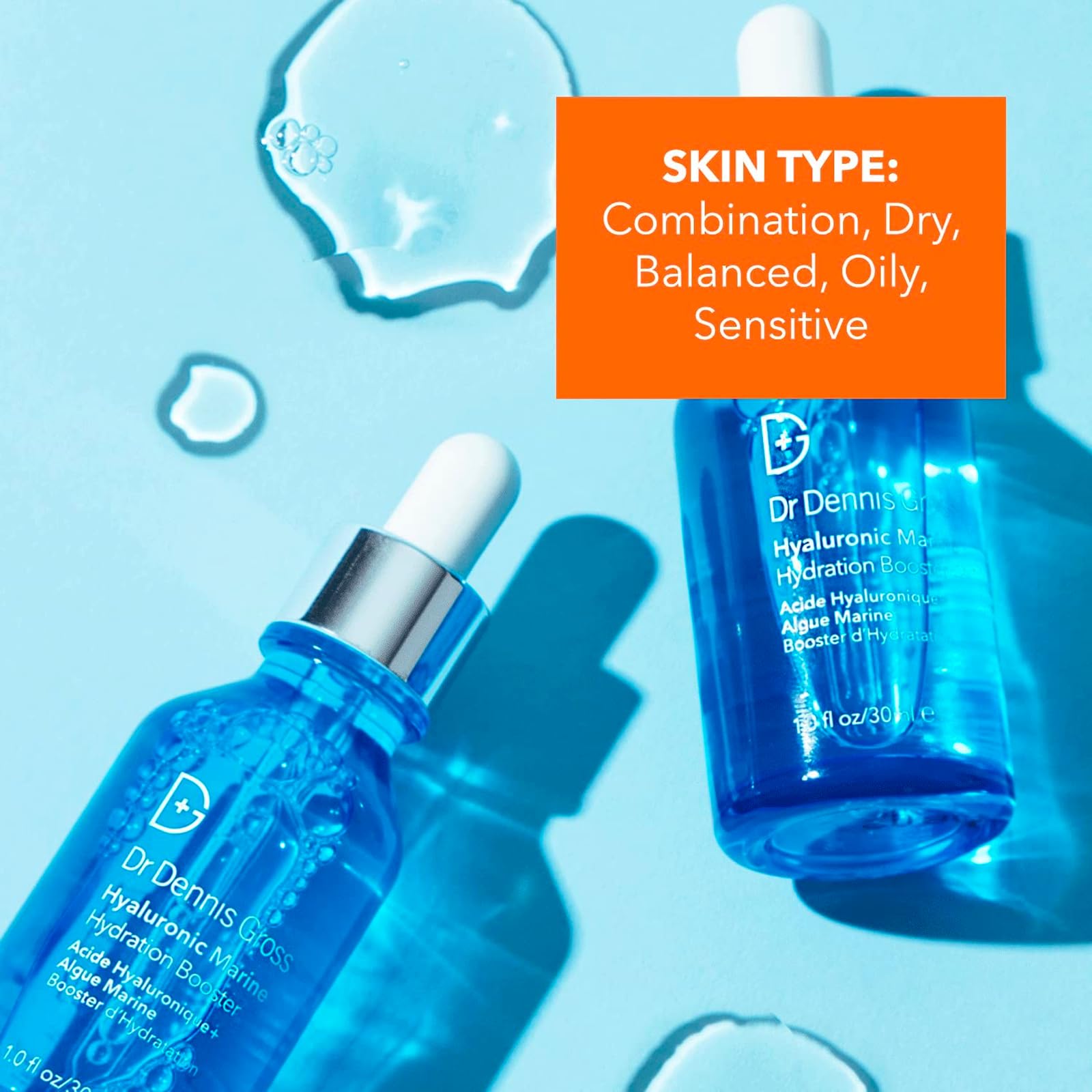 Dr Dennis Gross Hyaluronic Marine Hydration Booster texture closeup shows gel consistency.