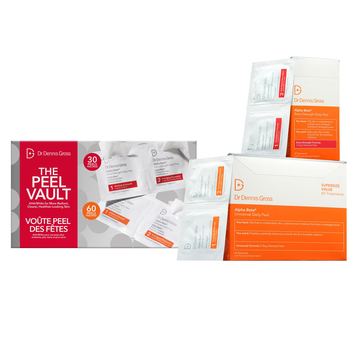 Dr Dennis Gross Peel Vault Kit showing 90 at-home treatments for radiant skin.