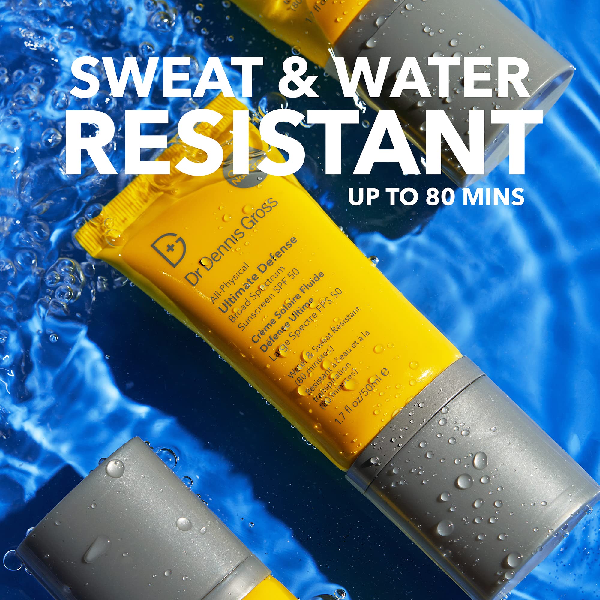 Dr Dennis Gross Ultimate Defense SPF 50 demonstrating 80-minute water and sweat resistance