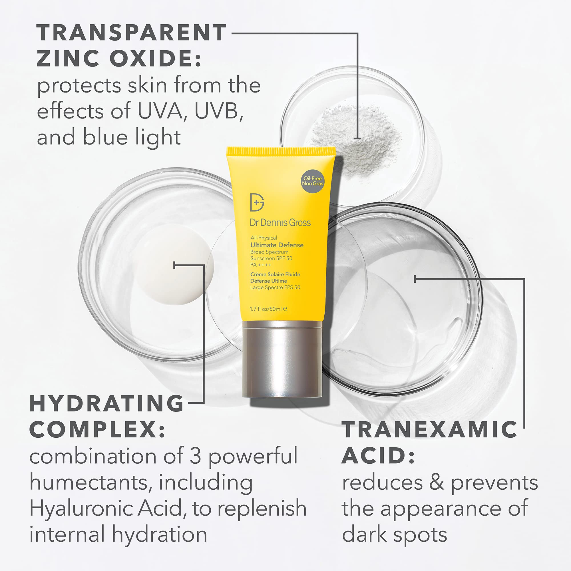 Dr Dennis Gross Ultimate Defense SPF 50 zinc-oxide ingredient highlighted for mineral protection