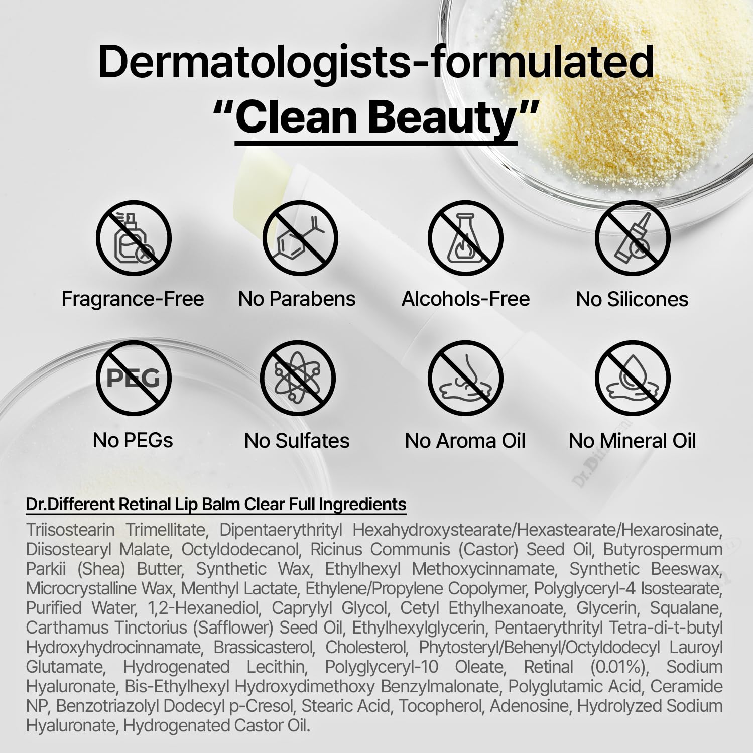 Dr.Different Retinal Lip Balm Clear ingredients feature peptides for texture