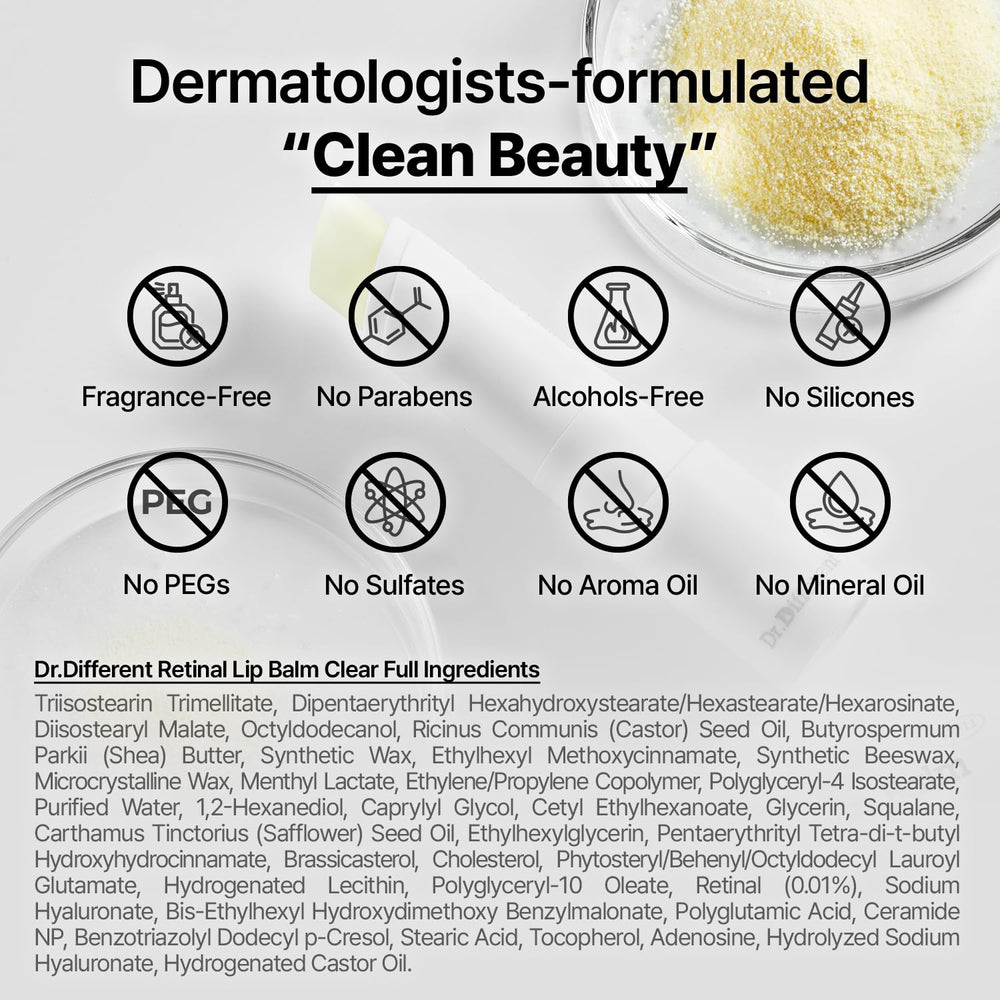 Dr.Different Retinal Lip Balm Clear ingredients feature peptides for texture