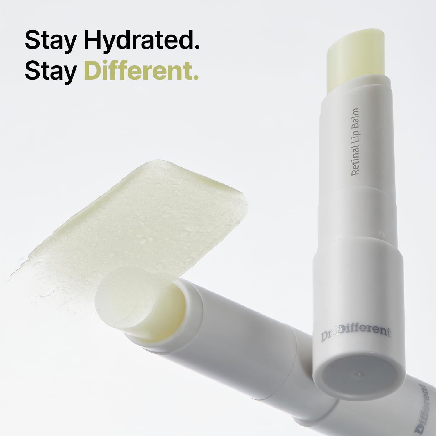 Dr.Different Retinal Lip Balm Clear swatch highlights smoothing lip texture