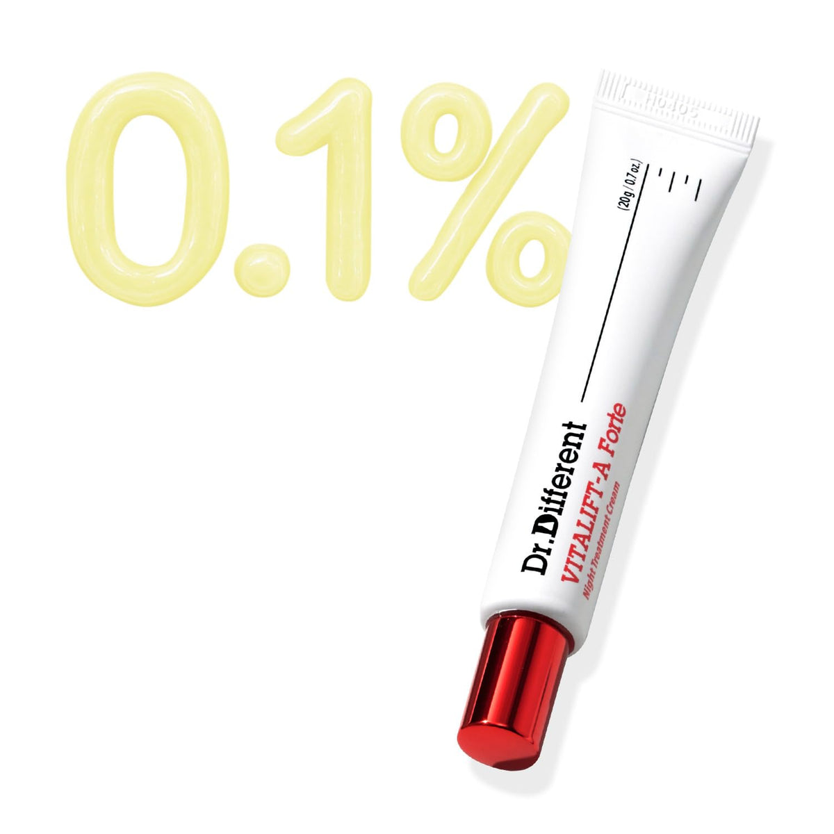 Dr.Different VITALIFT-A Forte retinal bottle front shows 0.1% potency for wrinkles