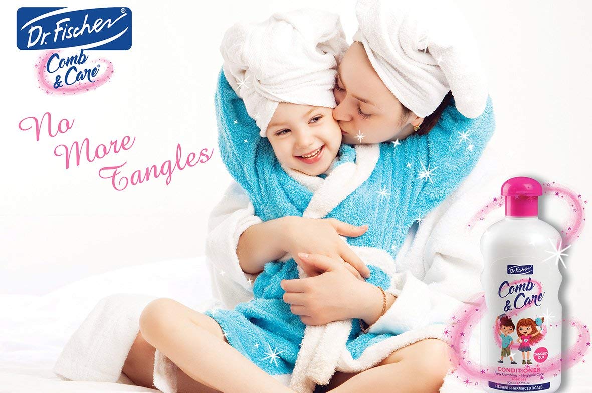 Dr. Fischer Tear Free Conditioner application scene promoting easy comb-through for kids