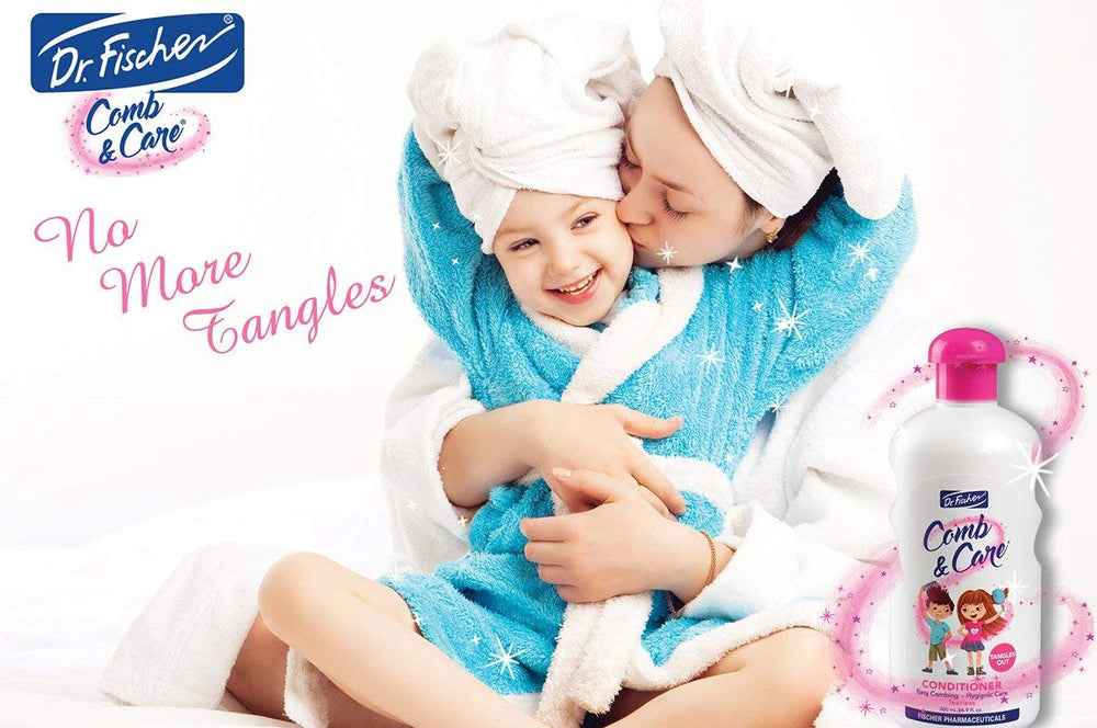 Dr. Fischer Tear Free Conditioner application scene promoting easy comb-through for kids