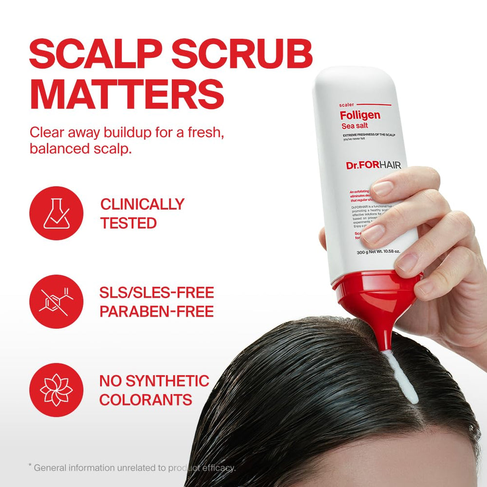 DR.FORHAIR Folligen Sea Salt Scaler close-up with Dead Sea salt crystals targeting flakes.