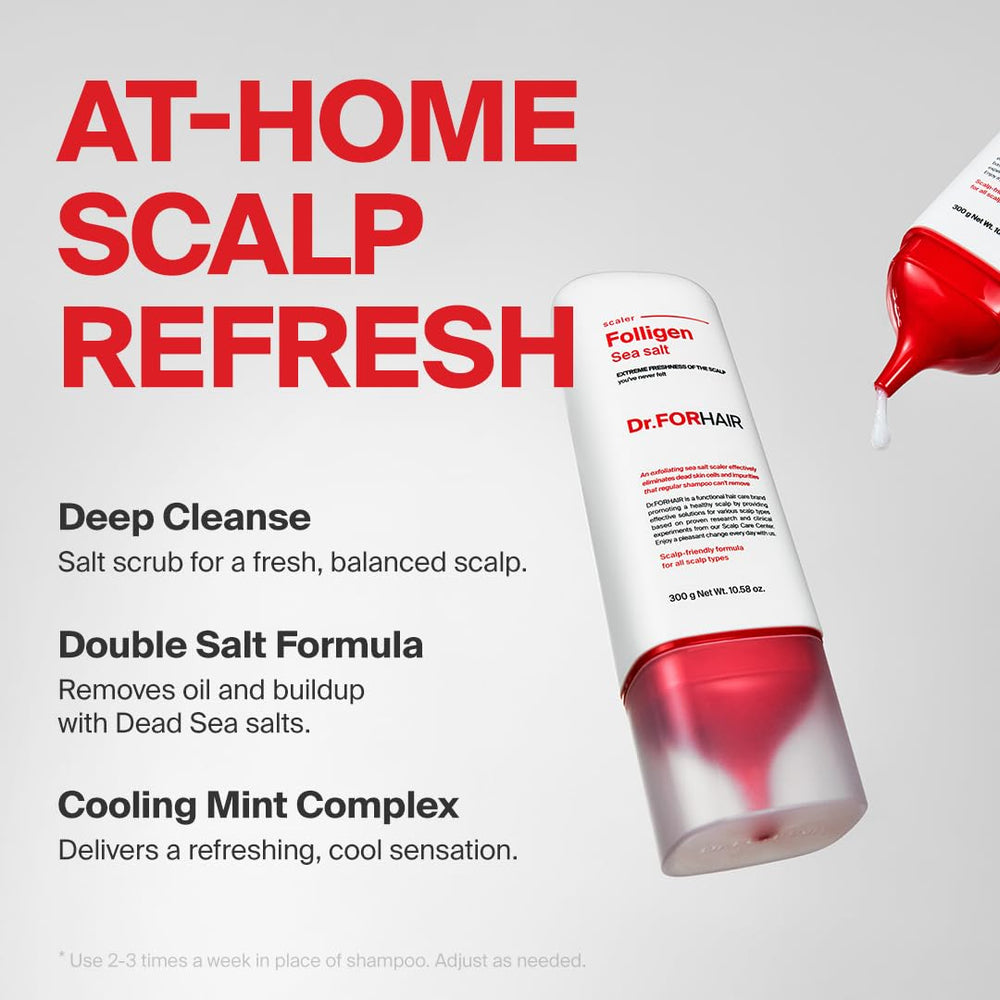 DR.FORHAIR Folligen Sea Salt Scaler applying on scalp to remove sebum gently.
