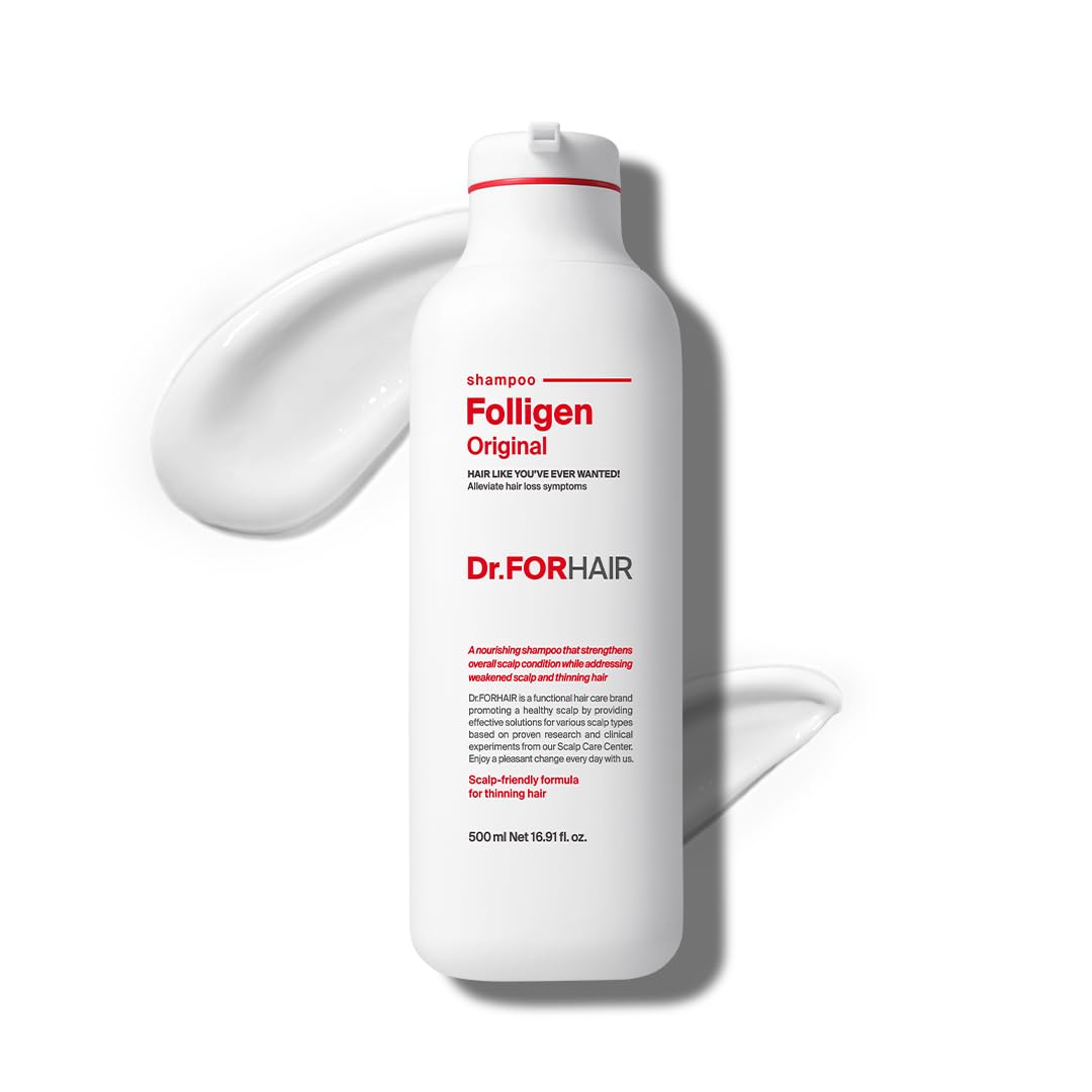 DR.FORHAIR Folligen Shampoo bottle closeup showcases a clarifying formula for a fresher scalp.