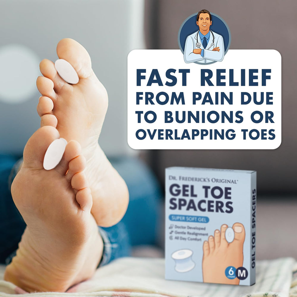 Close-up of silicone gel on Dr. Frederick's toe separators for gentle toe alignment.