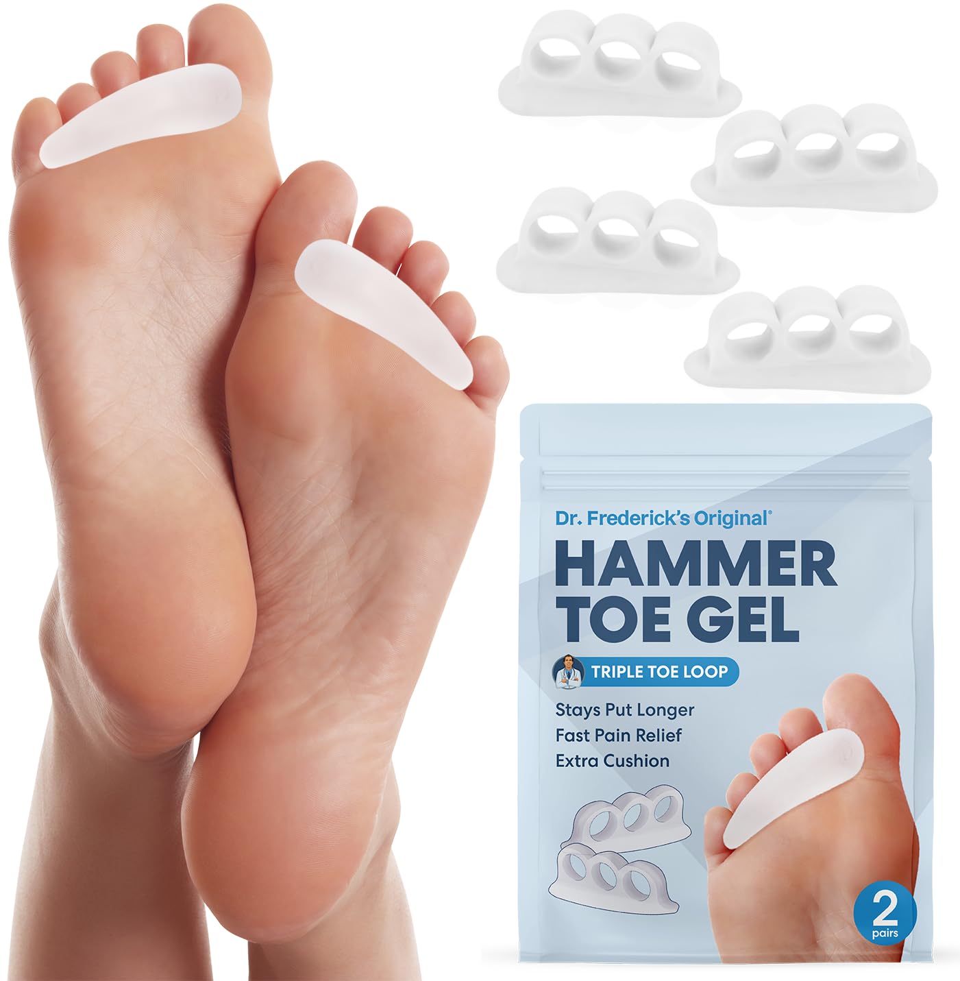 Dr. Frederick's Original hammer toe gels packaged for all-day toe support