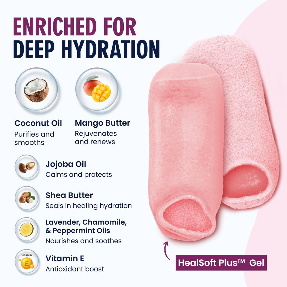 Mango and shea butter infusion nourishes skin inside Dr. Frederick's gel socks.