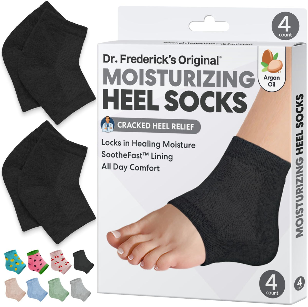 Dr. Frederick's Original moisturizing heel socks with gel lining provide deep hydration overnight.