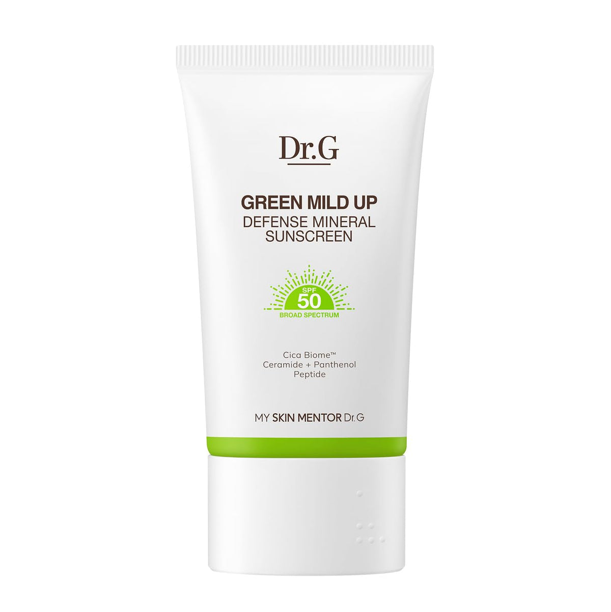 Dr. G Green Mild Up Defense bottle closeup showing lightweight mineral sunscreen
