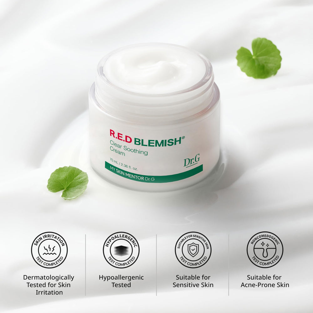 Applying Dr.G Red Blemish routine step-by-step for calm, hydrated skin.