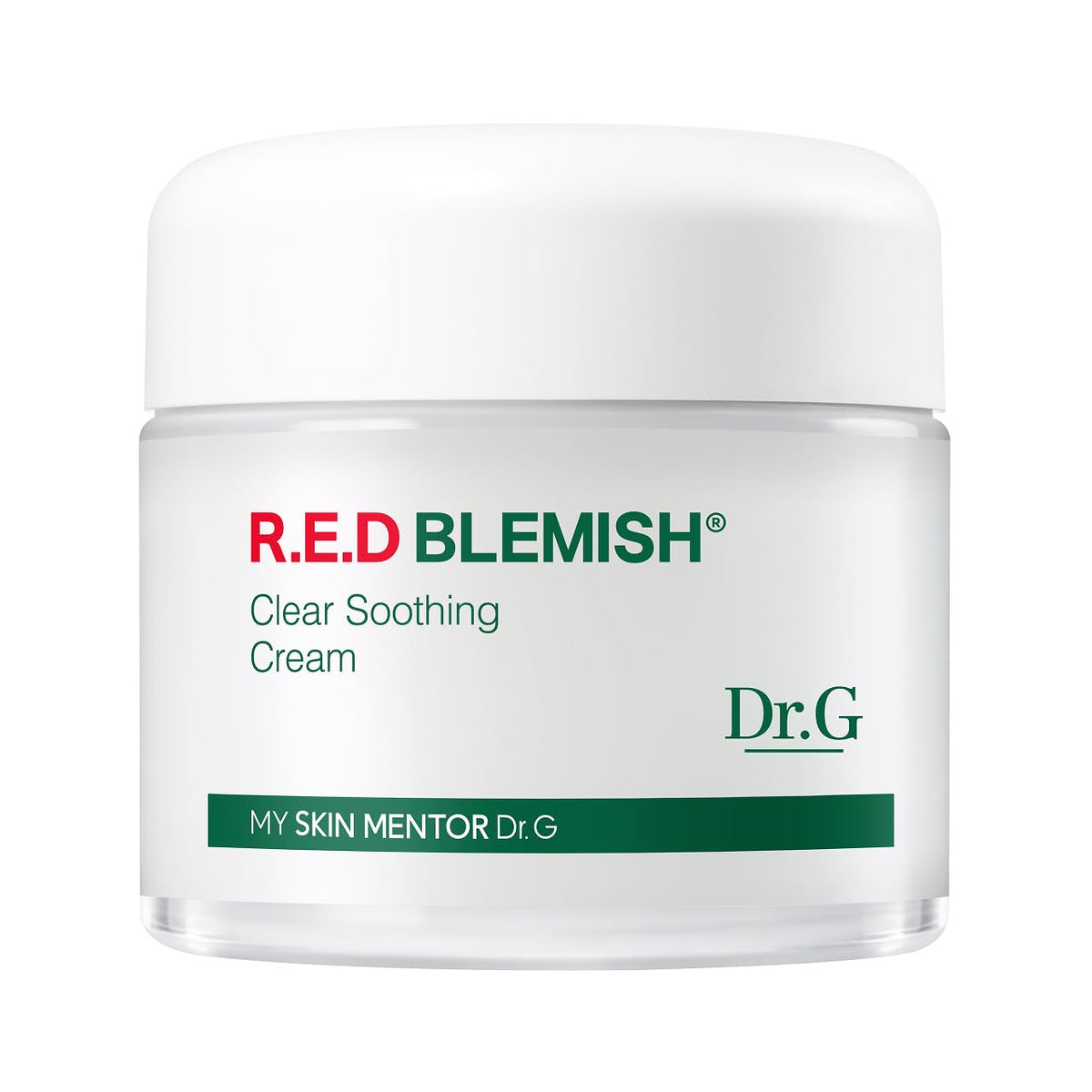 Dr. G Red Blemish Clear Soothing Cream tube shown for daily calming hydration on oily or sensitive skin.