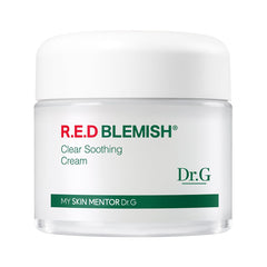 Dr. G Red Blemish Clear Soothing Cream tube shown for daily calming hydration on oily or sensitive skin.