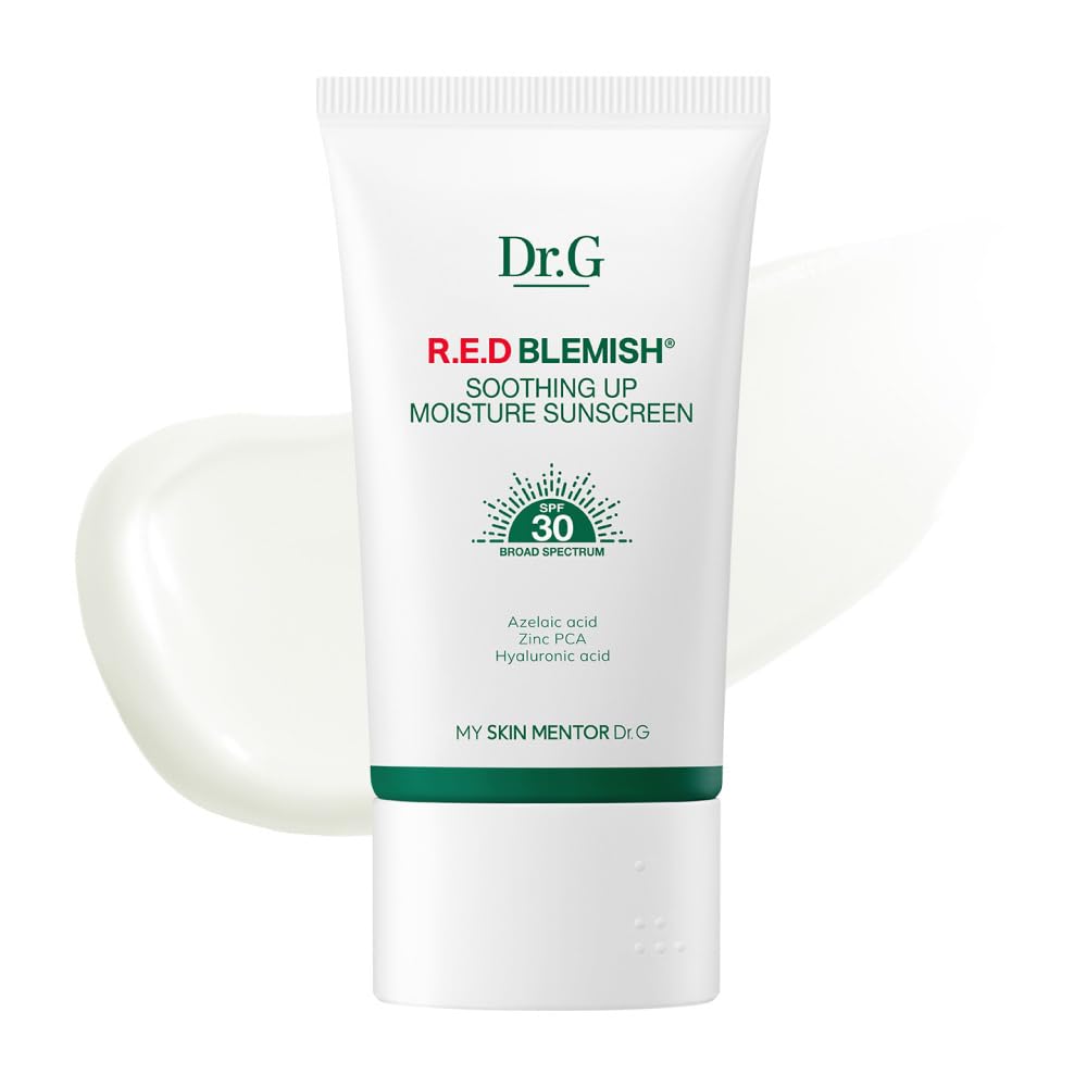 Dr.G R.E.D. Blemish Soothing Up sunscreen bottle showcasing hydrating formula for sensitive skin.