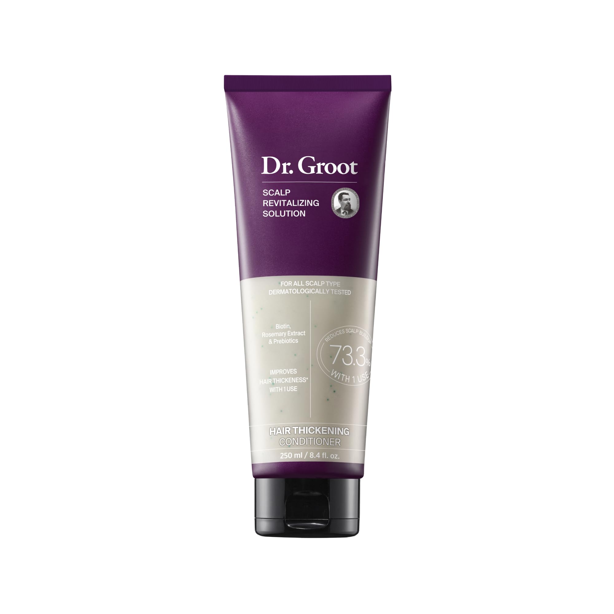 Dr. Groot Hair Thickening Conditioner bottle shows thicker-looking hair and smoother strands.