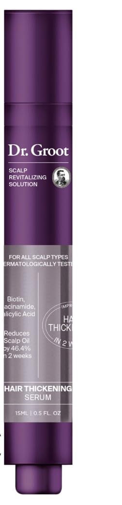 Dr. Groot hair thickening serum bottle promotes fuller-looking hair