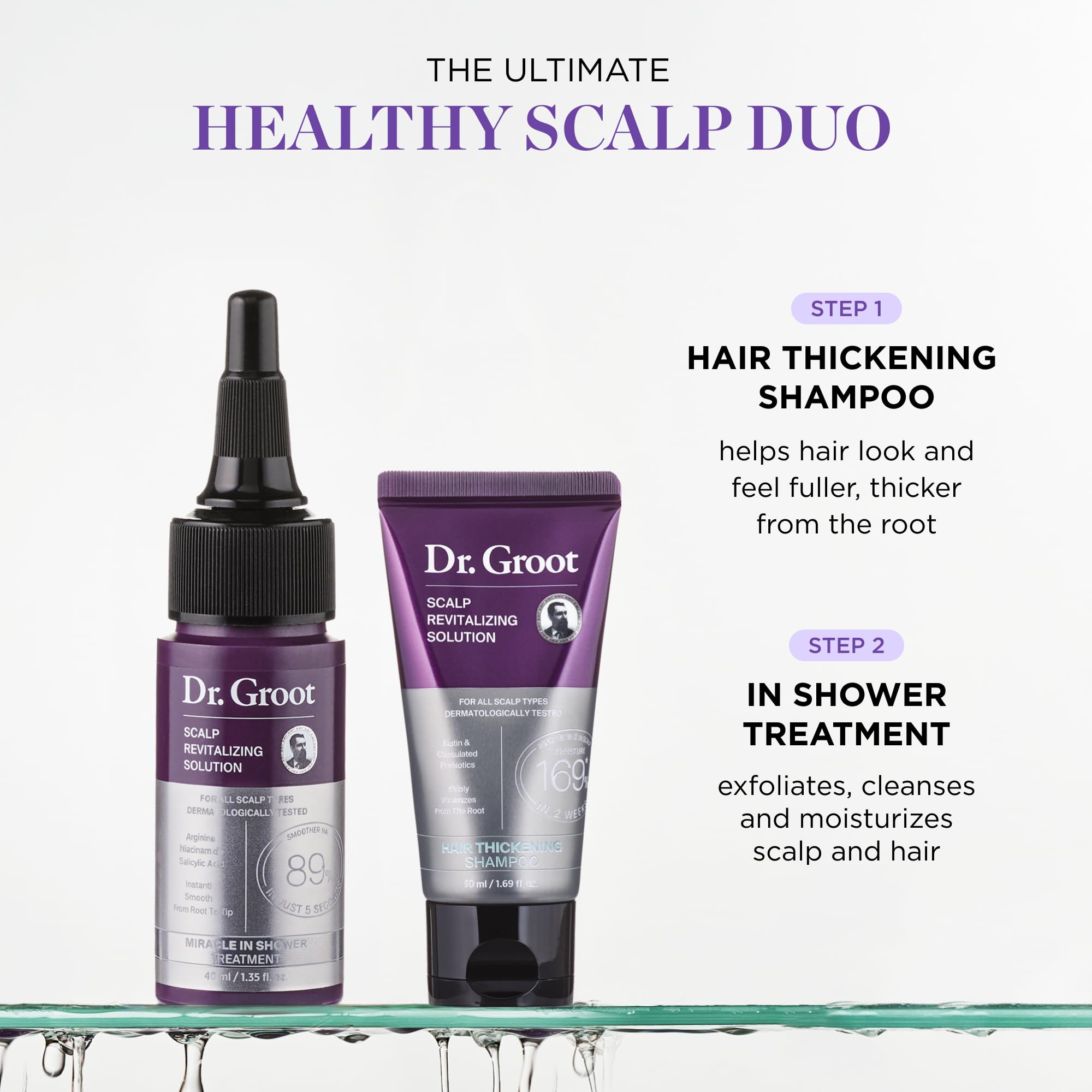 Dr. Groot Hair Thickening Shampoo with rosemary oil for root fullness.